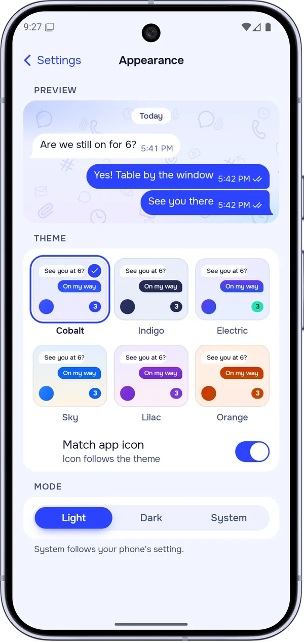 Appearance settings in HopSlide: a live preview, six themes, and light, dark or system mode