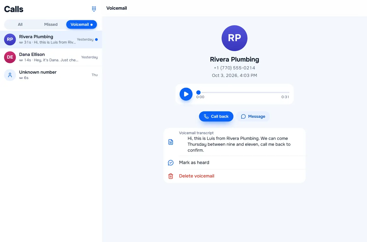 HopSlide on the web: the Calls list and a voicemail with its written transcript